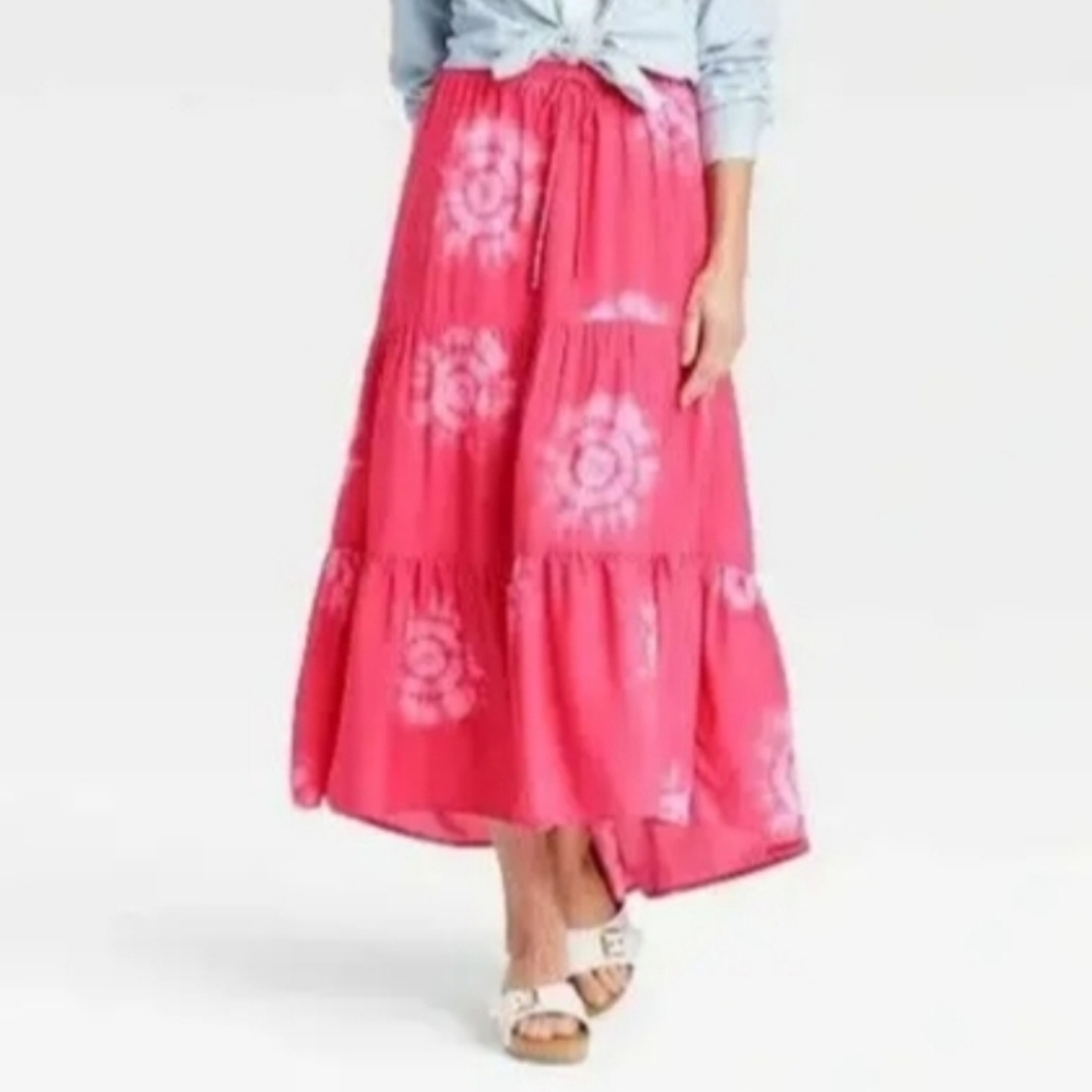 NWT Knox Rose Skirt Island Red Tie Dye High Low Pull On Elastic Waist XS Tiered